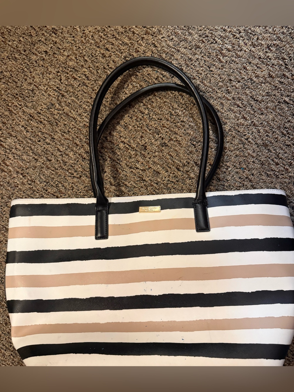 kate spade Striped Tote in Black, White & Beige with Gold Logo -slightly dirty